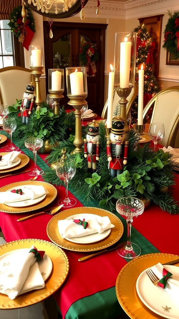 A festive nutcracker themed Christmas table setting with red and green decor, nutcracker figurines, and elegant tableware.